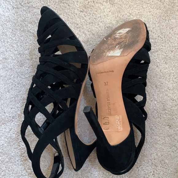 Manolo Blahnik black suede multi strap sandals high heels VGUC 4” size 37 US 7 - Picture 11 of 14